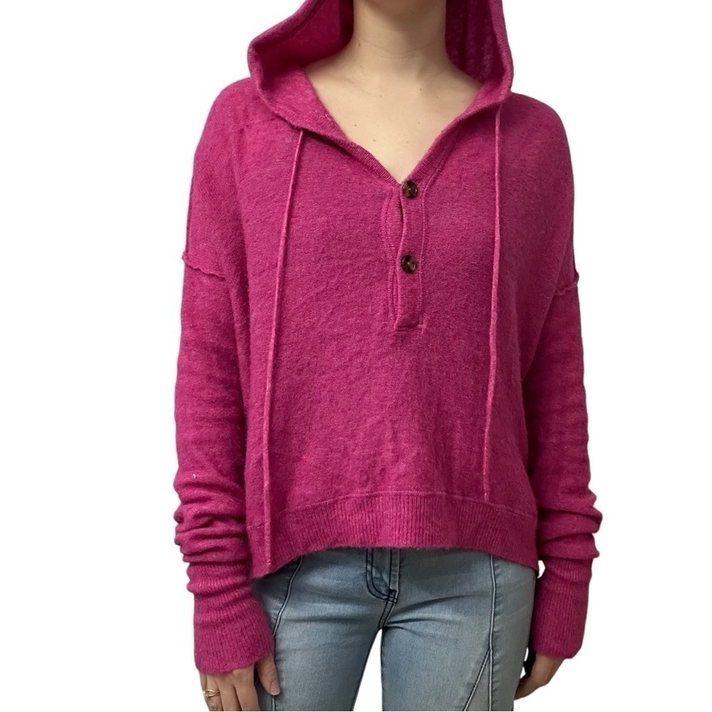 Free People Hoodie Sweater Hot Pink Knit Boho Fall Feminine Casual Size Small